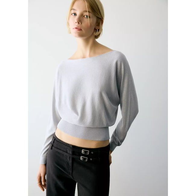 Pull-over Fil textile col bateau argent <span itemprop=