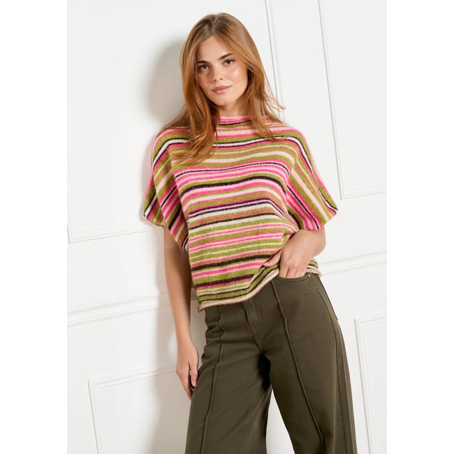Pull rayé manches courtes vert <span itemprop=