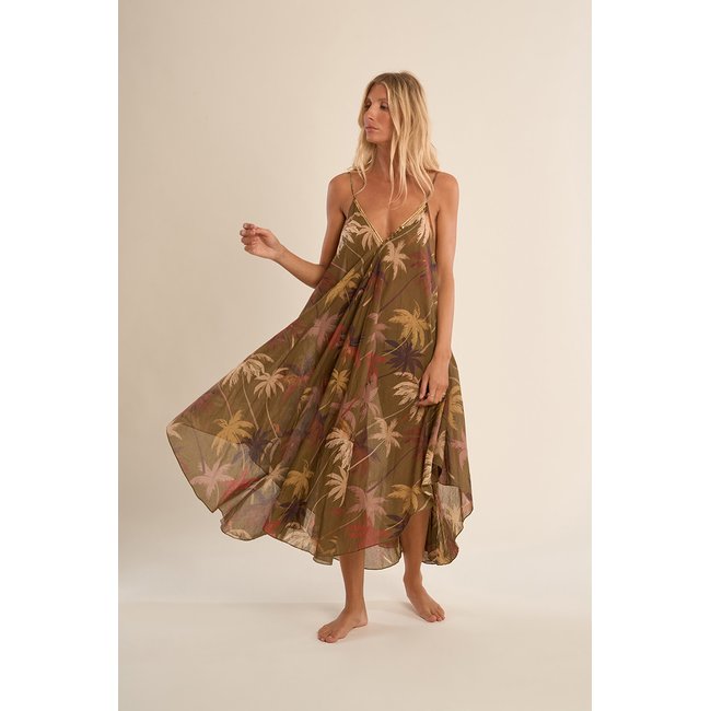 Longue robe fluide en coton, imprimée khaki moana <span itemprop=