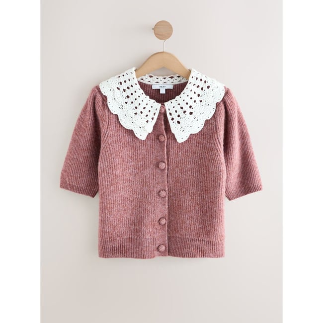 Cardigan manches courtes à col en crochet rose blush <span itemprop=
