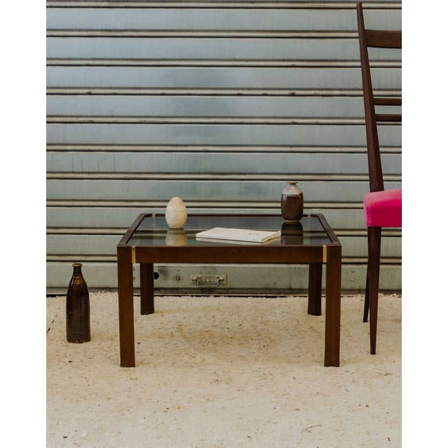 Table basse en verre et bois marron Donna N°1648 - Bon état Couleur marron <span itemprop=