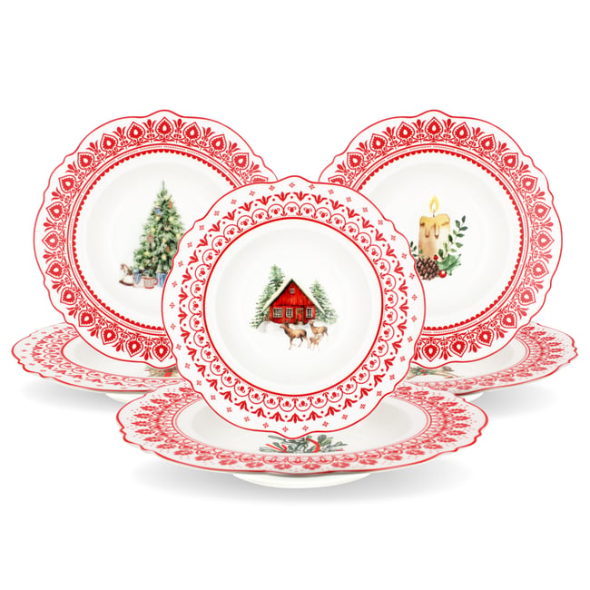 Lot de 6 assiettes creuses, SOUVENIRS D'ANTAN Couleur rouge <span itemprop=