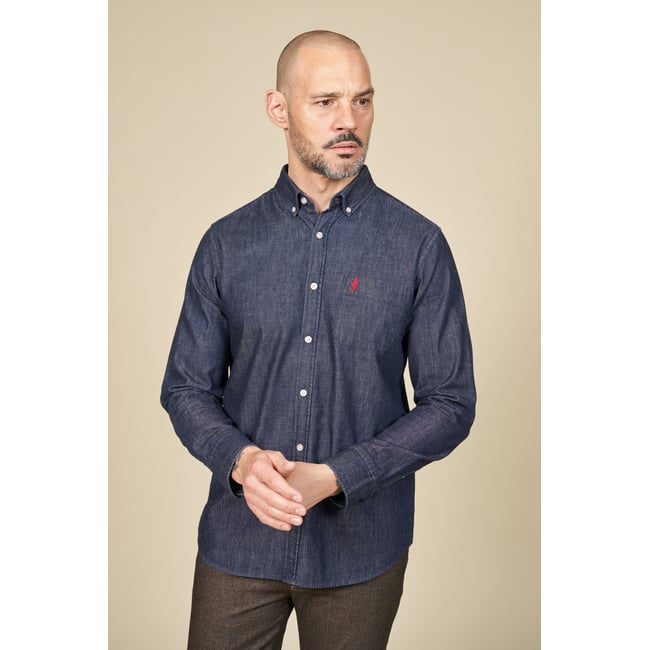 Chemise denim col boutonné bleu marine <span itemprop=