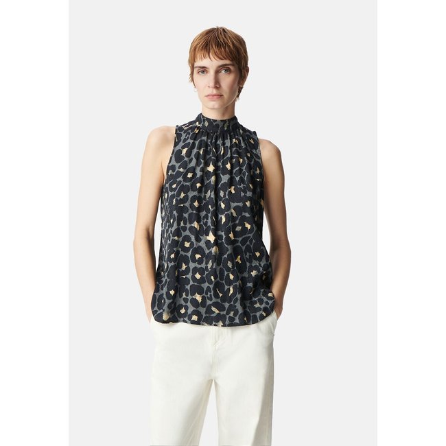 Blusa sem mangas com gola subida e estampado gráfico estampado marinho <span itemprop=