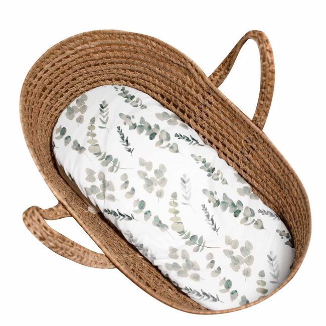 Drap housse couffin ovale en satin de coton EUCALYPTUS eucalyptus, vert, gris <span itemprop=