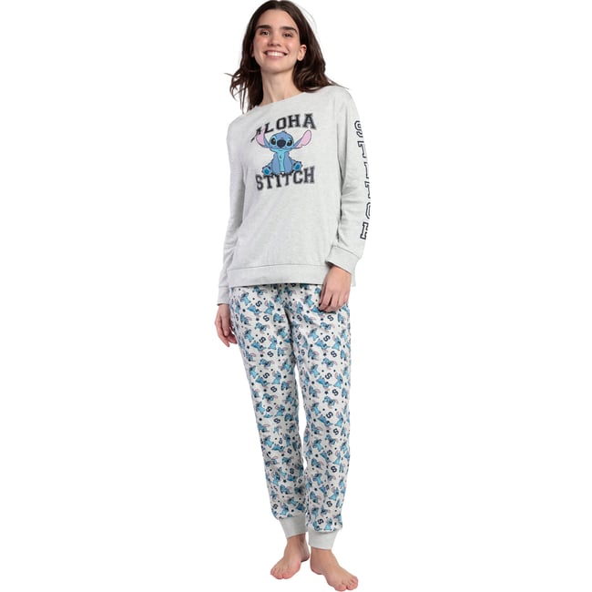Pyjama pantalon top manches longues Aloha Stitch Disney gris <span itemprop=