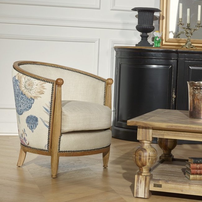 Fauteuil en chêne massif et lin fleur de pavot CAROLE Couleur beige <span itemprop=