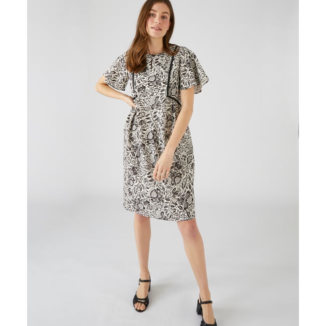 Robe imprimée en lin mélangé noir blanc fleuri <span itemprop=