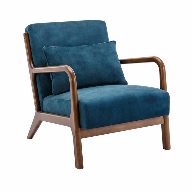 Fauteuil scandinave bois d'hévéa teinté noyer clair et velours LORENS Couleur bleu canard <span itemprop=