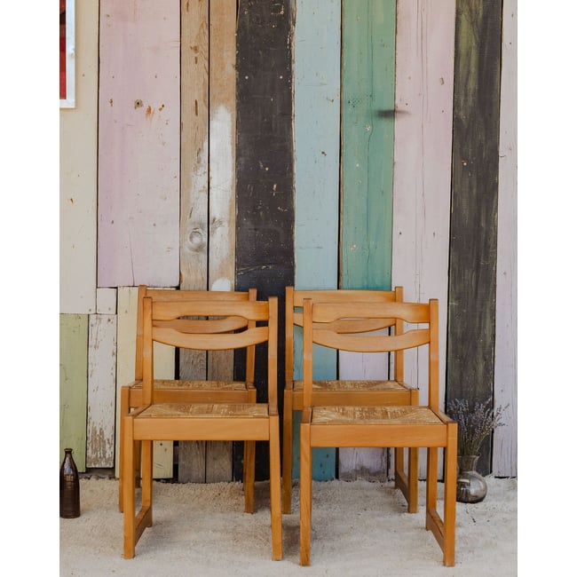 Lot de 4 chaises en bois et paille Claude N°1388 - Bon état Couleur bois clair <span itemprop=