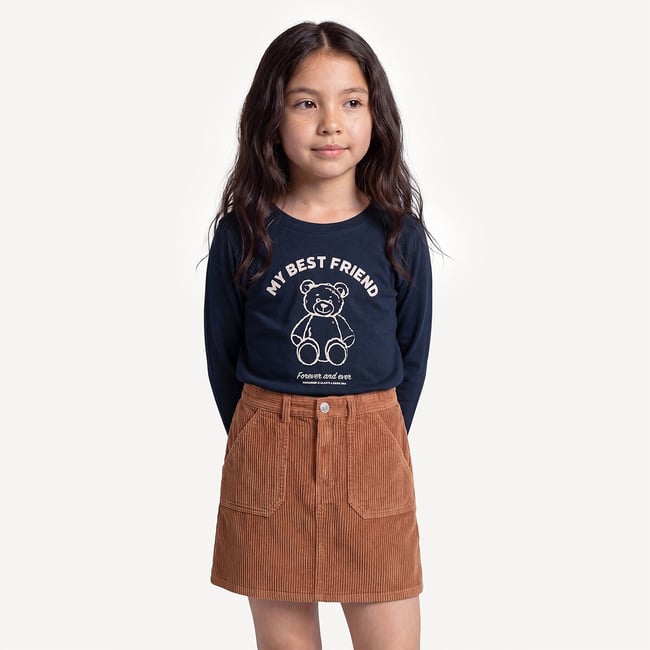 T-shirt manches longues, avec motif nounours et message imprimés bleu marine <span itemprop=