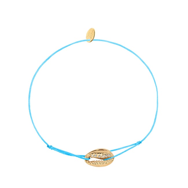 Cordon cauri strass turquoise doré <span itemprop=