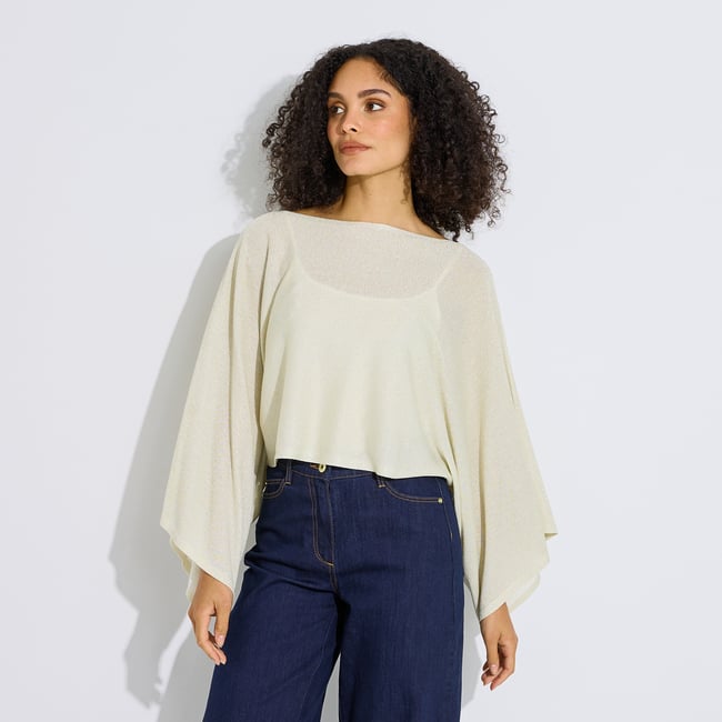 Pull cape court pailleté jaune champagne <span itemprop=