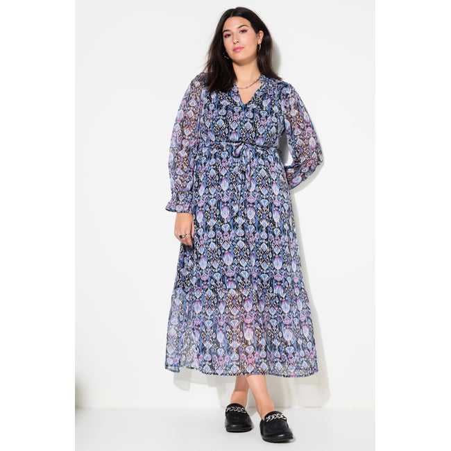 Robe maxi coupe évasée, imprimé graphique bleu jean <span itemprop=