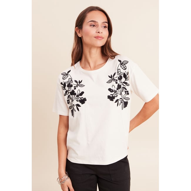 T-shirt ample col rond brodé ecru <span itemprop=