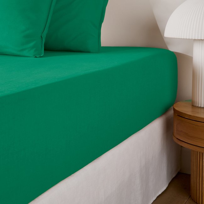 Drap housse uni coton lavé bonnet 30cm, Scenario  vert emeraude <span itemprop=