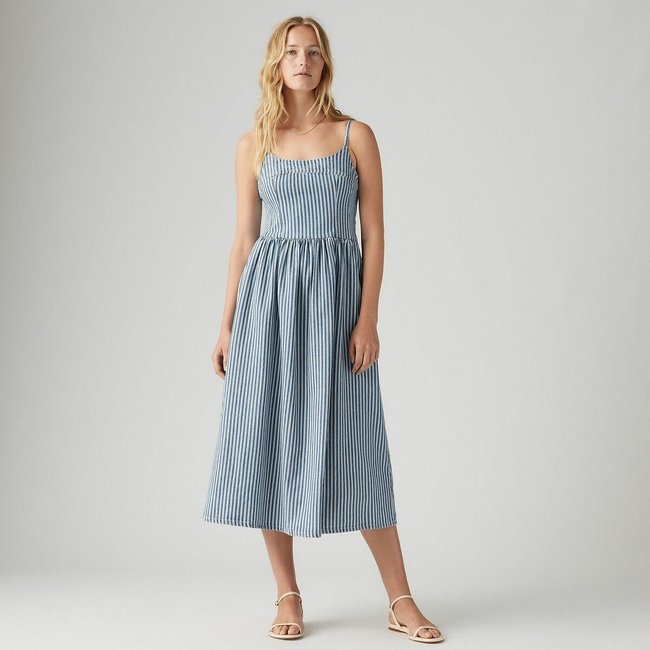 Vestido de ganga com alças finas branco/azul <span itemprop=