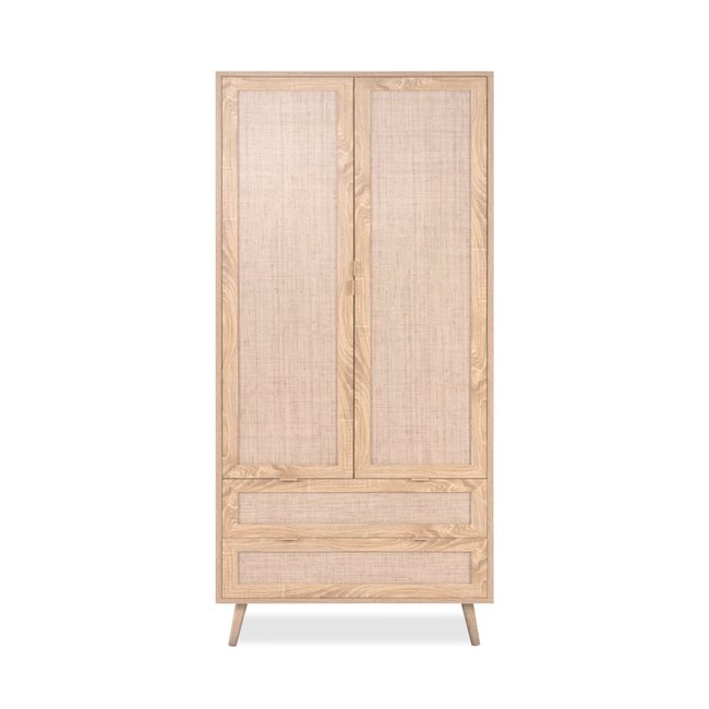 Armoire 2 portes 2 tiroirs impression cannage Couleur bois clair <span itemprop=