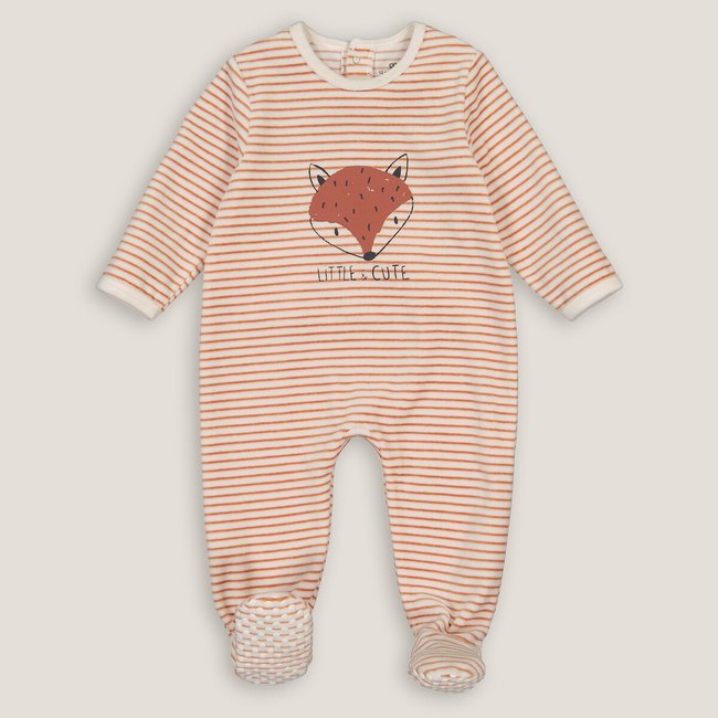 Pyjama 1 pièce velours rayé, motif renard devant rayé <span itemprop=