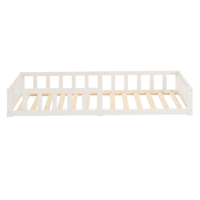 Lit enfant Montessori 90x200 cm blanc, bois massif, sommier, barrière, entrée réversible - HOMESTYLE4U