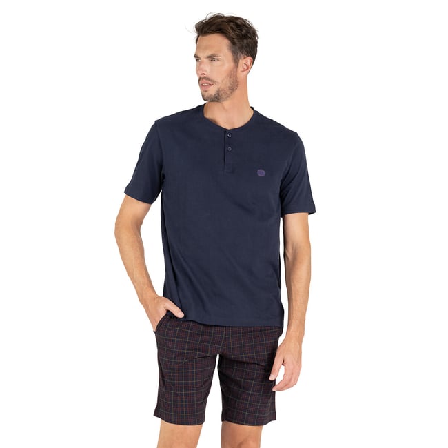 Pyjama short carreaux col tunisien bleu marine/carreaux <span itemprop=