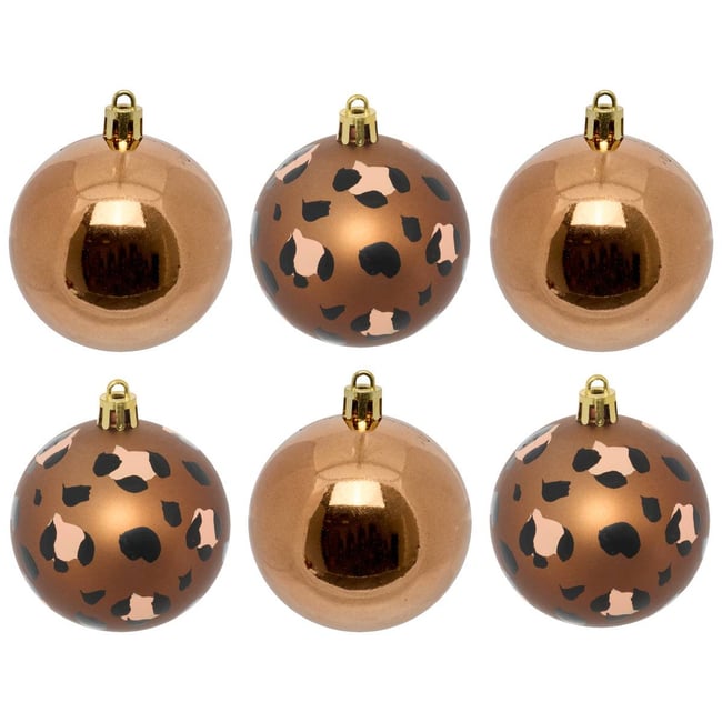 Lot de 6 boules de Noël en plastique motif léopard ambré D. 60 mm Couleur dore <span itemprop=