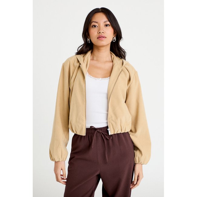 Veste cropped à capuche manches longues beige <span itemprop=