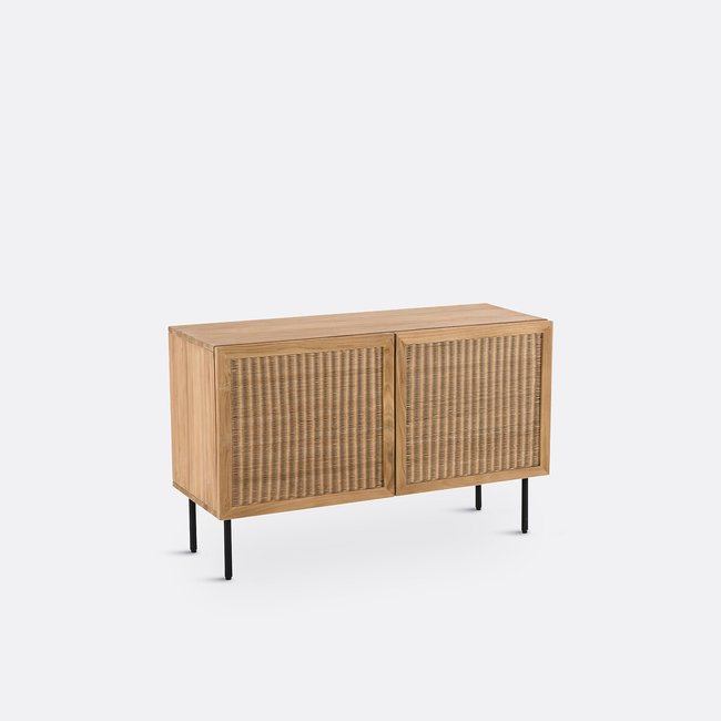 Buffet teck massif et rotin tressé, Tekora Couleur teck <span itemprop=