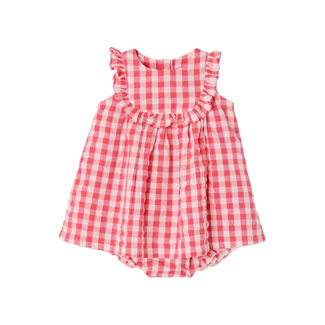Ensemble naissance robe et culotte vichy framboise <span itemprop=