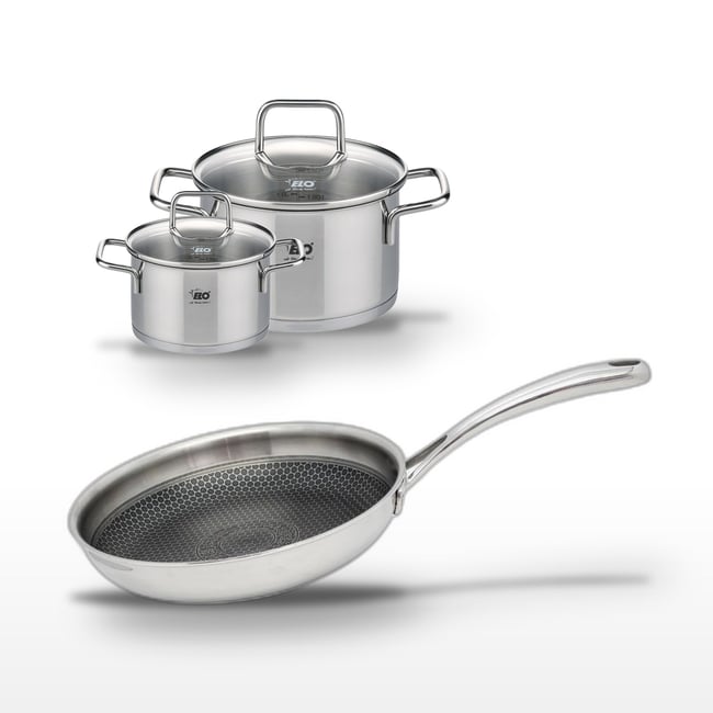 Batterie 1 poêle 28cm + 2 faitouts 14/20cm RELIEF EVOLUTION inox <span itemprop=
