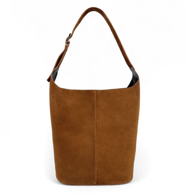 Sac seau en croûte de cuir CLARENCE camel foncé <span itemprop=
