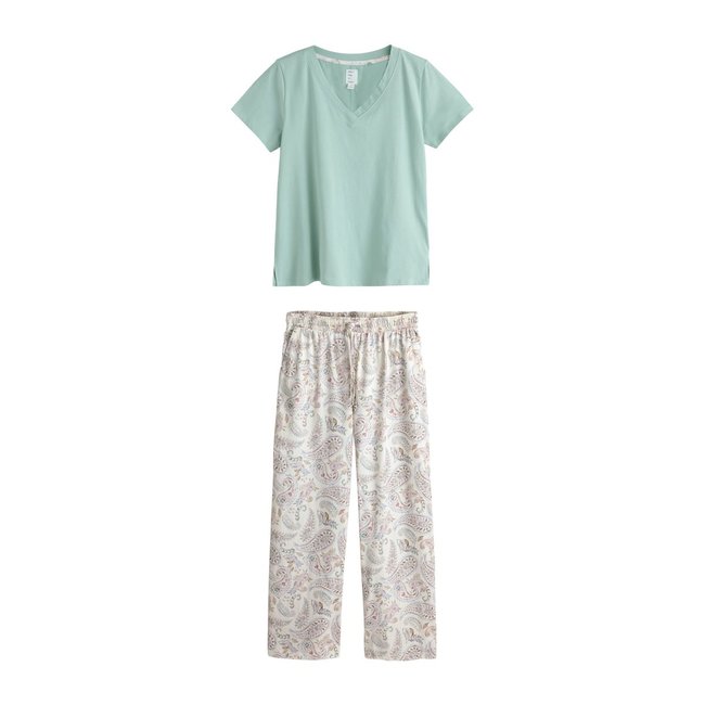 Pyjama en coton à manches courtes et col v motif cachemire vert sauge <span itemprop=
