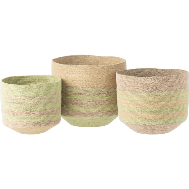 Set de 3 paniers rayés en jonc de mer Couleur naturel et vert <span itemprop=