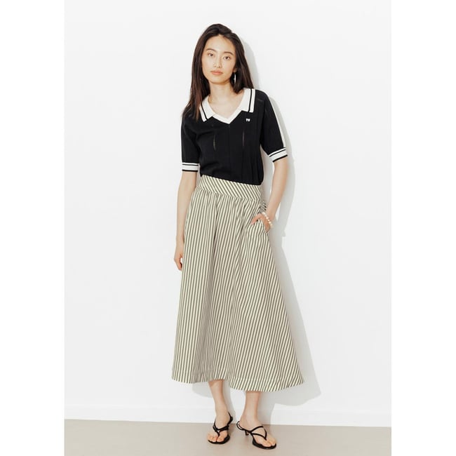 Jupe midi évasée rayée rayé kaki <span itemprop=