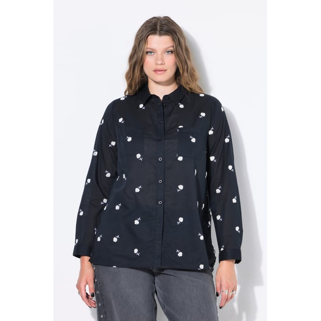 Chemisier coupe Boxy et broderie florale noir <span itemprop=