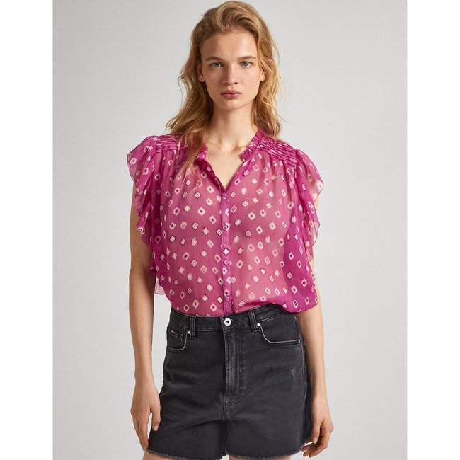 Printed Ruffled Sleeveless Blouse, pink, PEPE JEANS