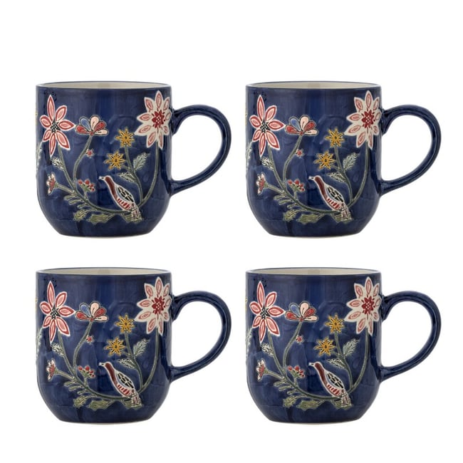 Mugs grès floral oiseau  Meredith set de 4 Couleur multicolore <span itemprop=