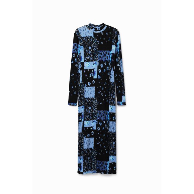 Robe midi tissu côtelé fleuri bleu <span itemprop=