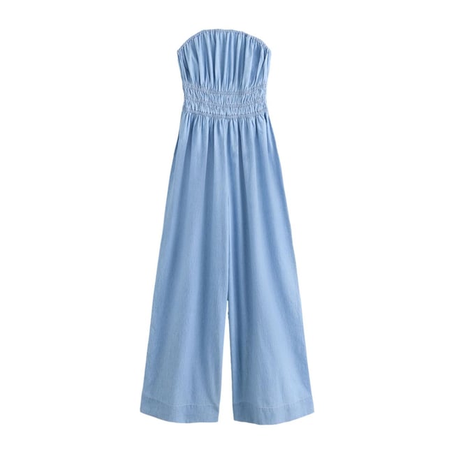 Combi-pantalon bandeau froncée en denim bleu foncé <span itemprop=