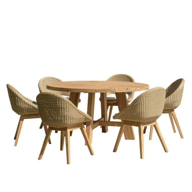 Salon de jardin teck naturel 1 table ronde 150 cm + 6 chaises arrondies résine tressée MANY bois naturel <span itemprop=