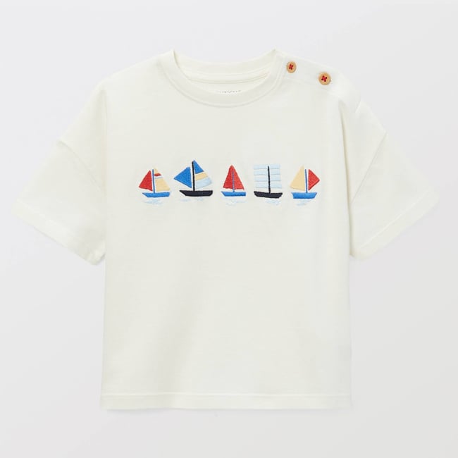 T-shirt manches courtes brodé en coton BIO GOTS ecru <span itemprop=