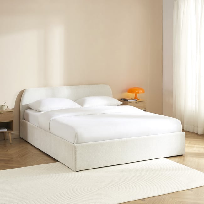 Lit coffre tissu chenille avec sommier  GELA Couleur ecru <span itemprop=
