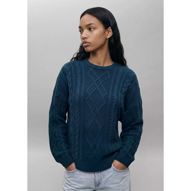 Pull-over maille tressée bleu marine <span itemprop=