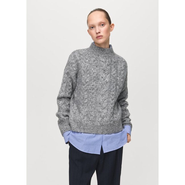 Pull-over torsades col montant gris chiné moyen <span itemprop=