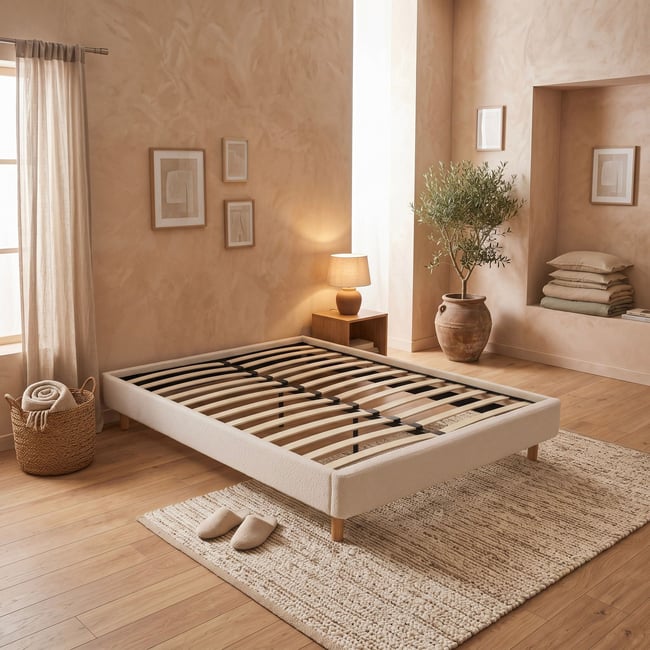 Sommier kit bouclette en tissu sherpa 13 lattes Couleur ivoire <span itemprop=