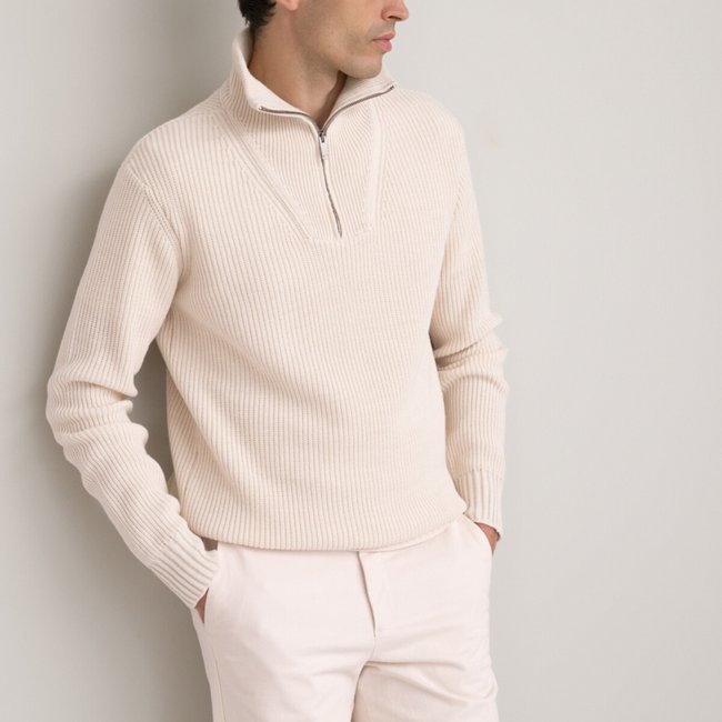Pull col camionneur en maille chaude blanc craie <span itemprop=