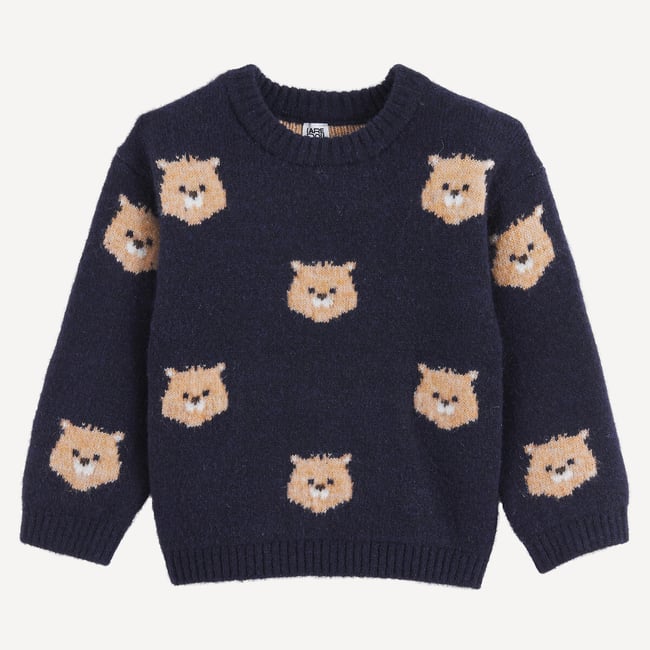 Pull col rond, en grosse maille, motif ours en jacquard bleu marine <span itemprop=