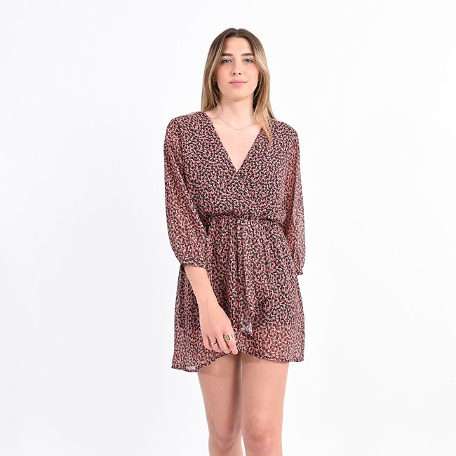 Vestido direito, curto, mangas 3/4 rosa/caqui <span itemprop=