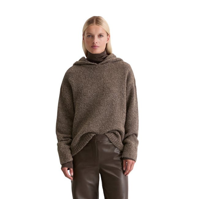 Hoodie en bouclette loose en mélange de laine vierge et de laine d'alpaga brun foncé <span itemprop=