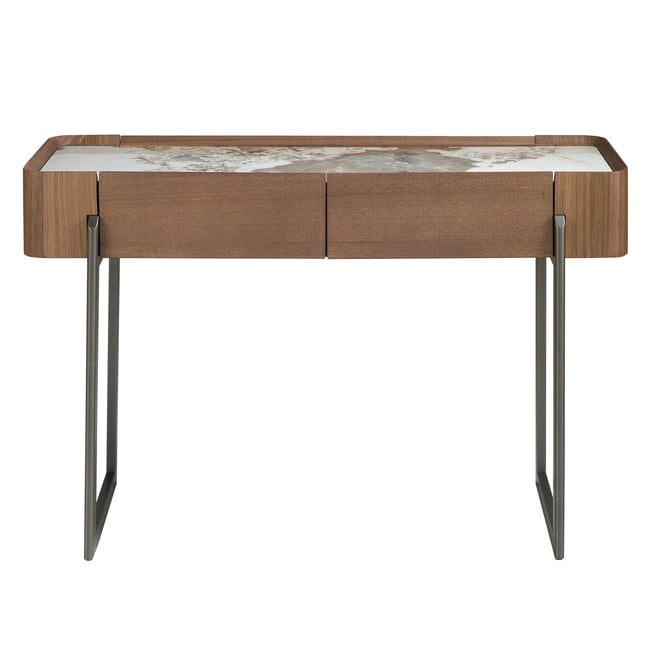 Table console rectangulaire en marbre porcelaine, noyer et acier métallique foncé Couleur blanc | acier foncé | noyer <span itemprop=